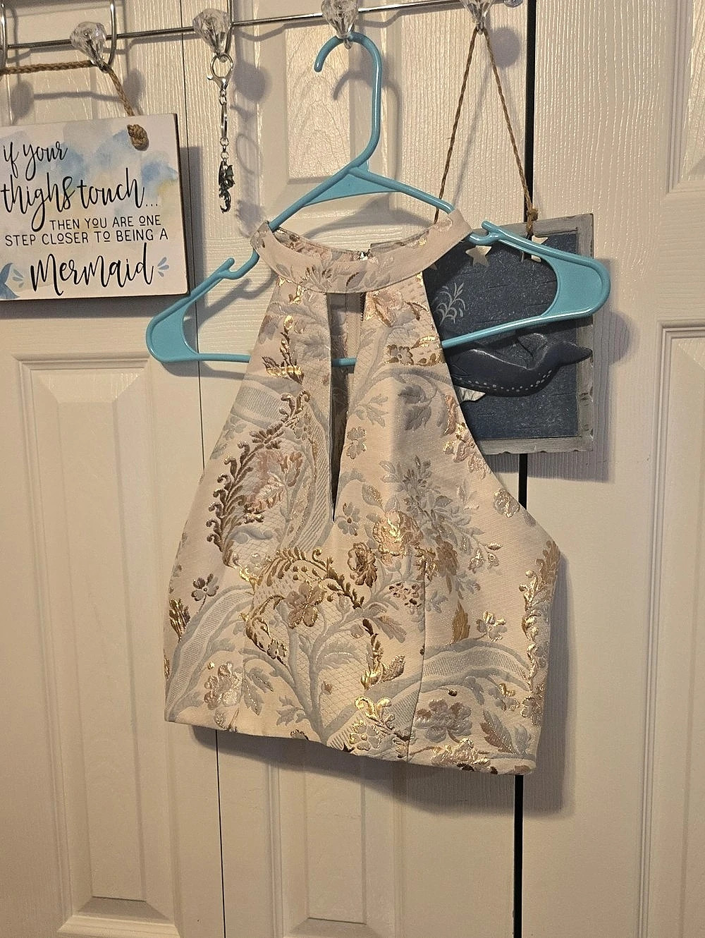 Express Floral Halter Top in Cream & Blue Like New